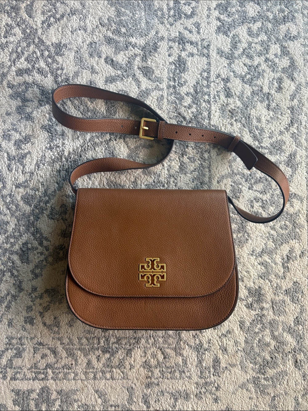 Tory Burch Brown Pebbled Leather Crossbody with Gold Logo